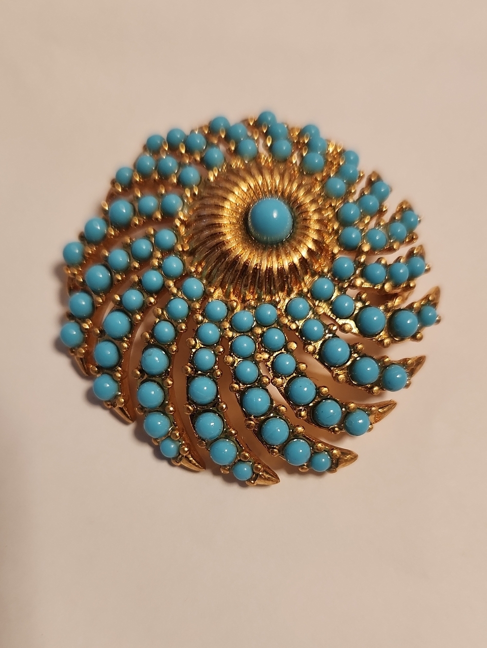 Crown Trifari Gold-Tone Turquoise Spiral Brooch - Blue Floral  Brooch Vintage